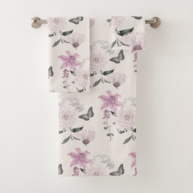 Lilac Lilies Elegantes Botanisches Badetuch Set (Insitu)