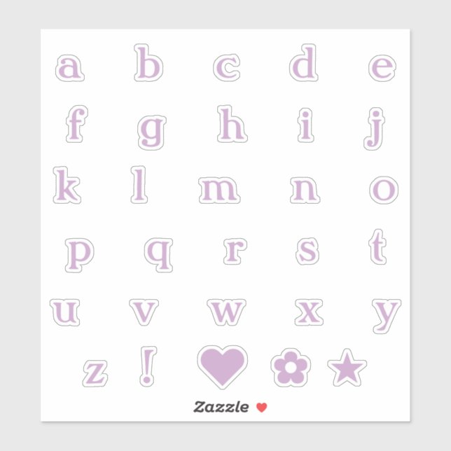Lilac Lower Case Text Letters Alphabet Heart Star Aufkleber (Blatt)