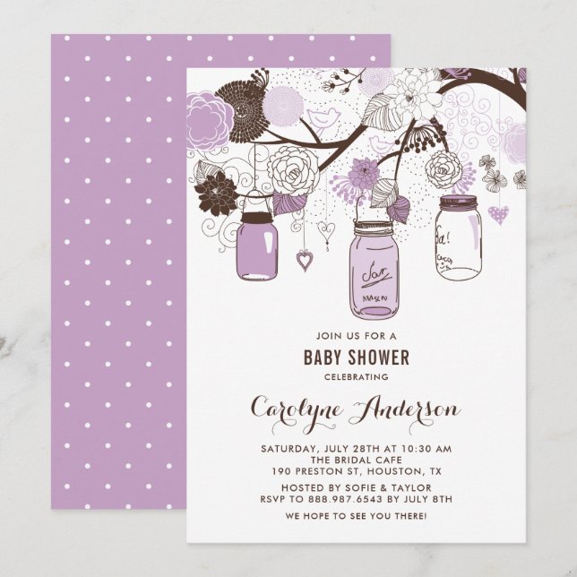 Lilac Mason Jars und Blume Babydusche Einladung (Vorne/Hinten)