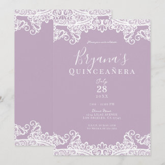Lilac Mauve & White Lace Elegant Quinceañera Einladung