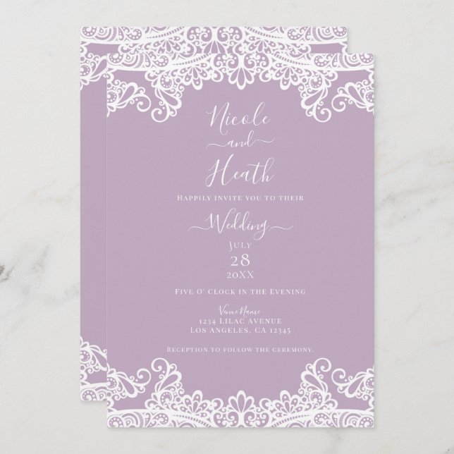 Lilac Mauve & White Lace Elegante Hochzeit Einladung (Vorne/Hinten)