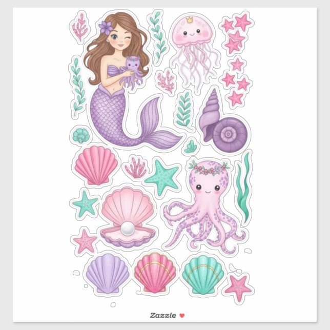 Lilac Mermaid & Cute Octopus Vinyl Sticker (Blatt)