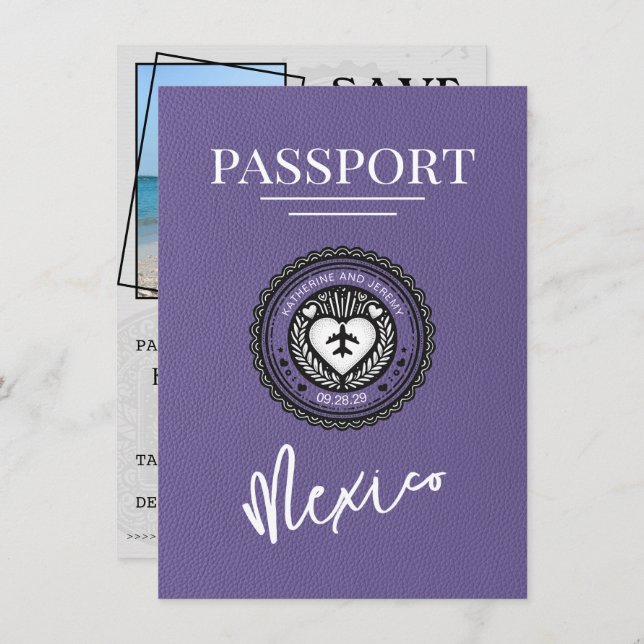 Lilac Mexico Passport Save the Date (Vorne/Hinten)