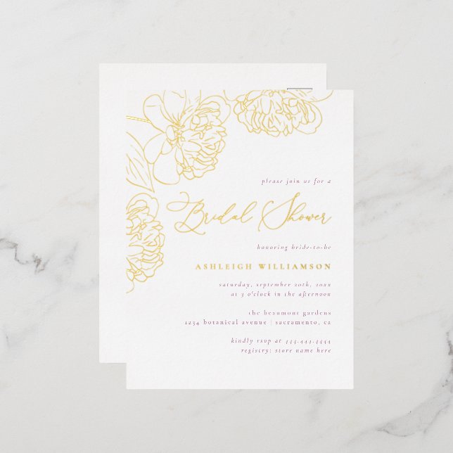 Lilac Minimalistisches handgezeichnet Peonies-Brau Folie Einladungspostkarte (Vorderseite/Rückseite)