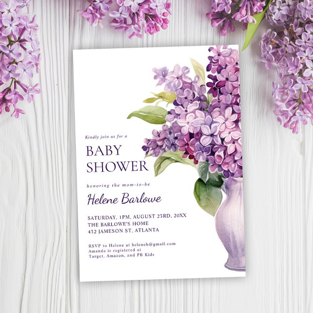 Lilac Modern Elegant Floral Baby Shower Einladung (Lilac Modern Elegant Floral Baby Shower Invitation)