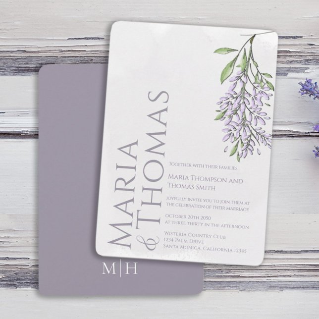 Lilac Moderne Elegante Watercolor Einladung (Elegant lilac lavender wisteria floral flower wedding invitations. )