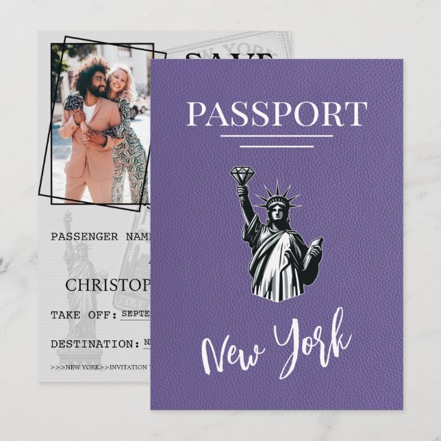 Lilac New York City Passport Save the Date (Vorne/Hinten)