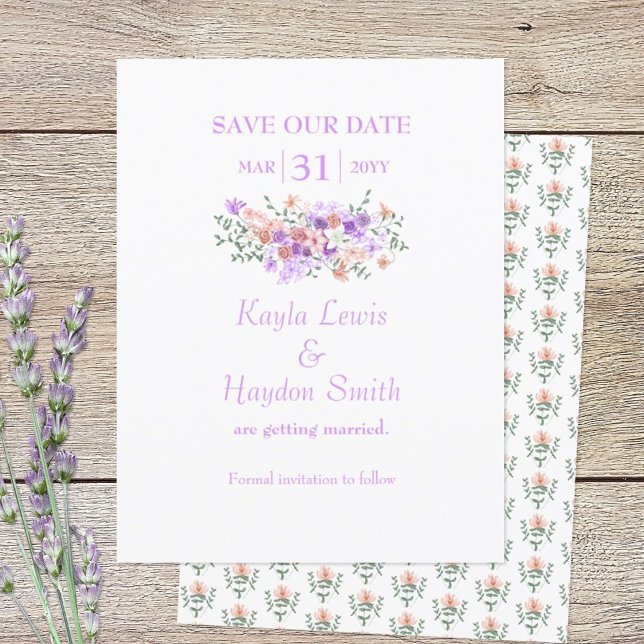 Lilac & Peach Bouquet Wedding Save the Date Einladung (lilac and peach bouquet Save Our Date wedding announcement)