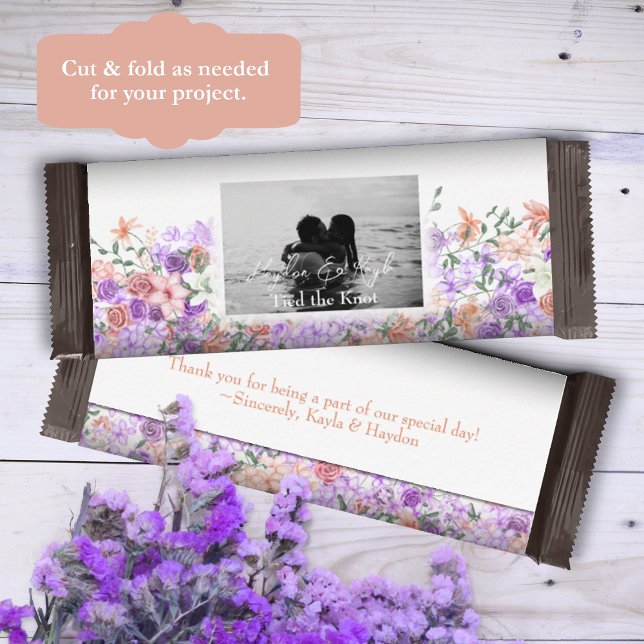 Lilac & Peach Floral Wedding Candy Bar Wrapper Flyer (lilac purple peach mauve rose pink personalized wedding chocolate candy bar wrapper labels)