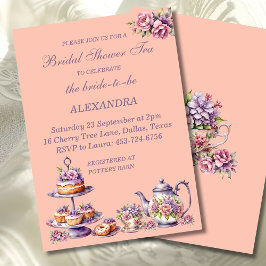 Lilac Peach Floral Whimsical Tea Bridal Shower Einladung