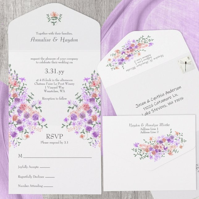Lilac & Peach Rose Bouquet Wedding All In One Einladung (lilac & peach all-in-one floral wedding invitations, rose vines springtime summer, purple, lavender)
