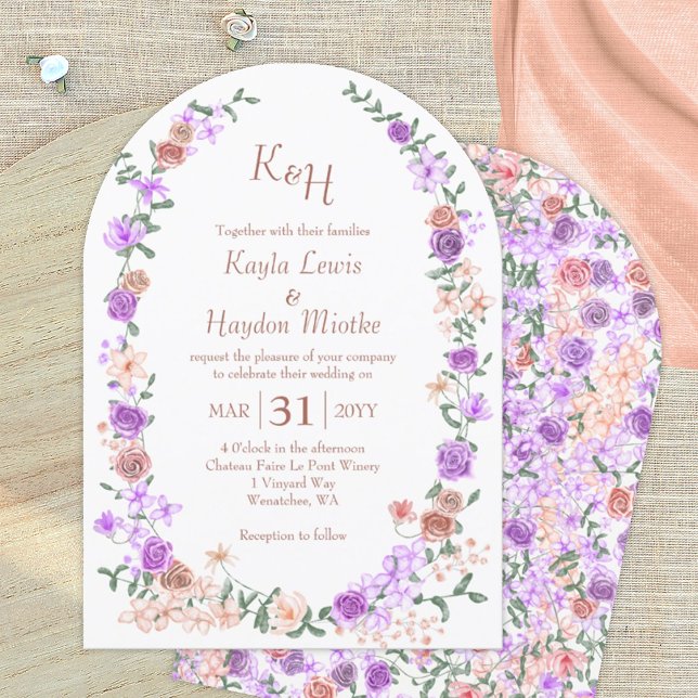 Lilac & Peach Rose Garden Arches Canopy Wedding Einladung (lilac and peach floral wedding invitations, rose garden wedding arches)