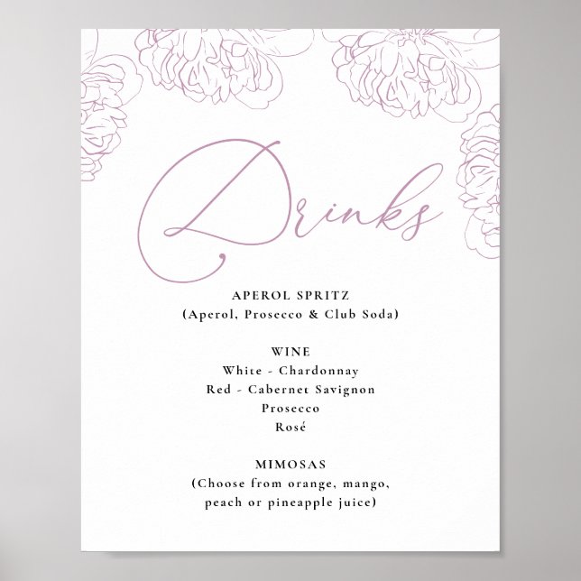Lilac Peonies Floral Brautparty Drinks Menü Poster (Vorne)