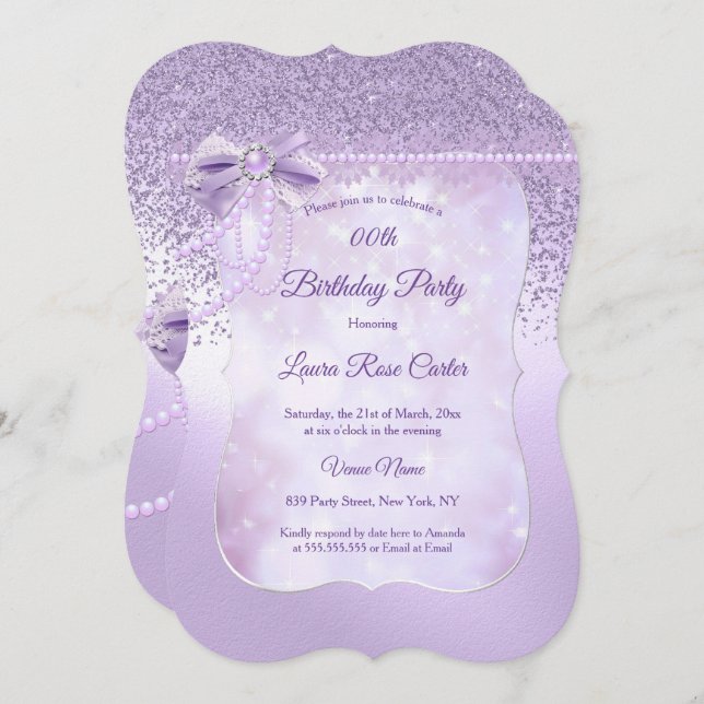 Lilac Perlace Glitzer lila Geburtstagsparty Einladung (Vorne/Hinten)