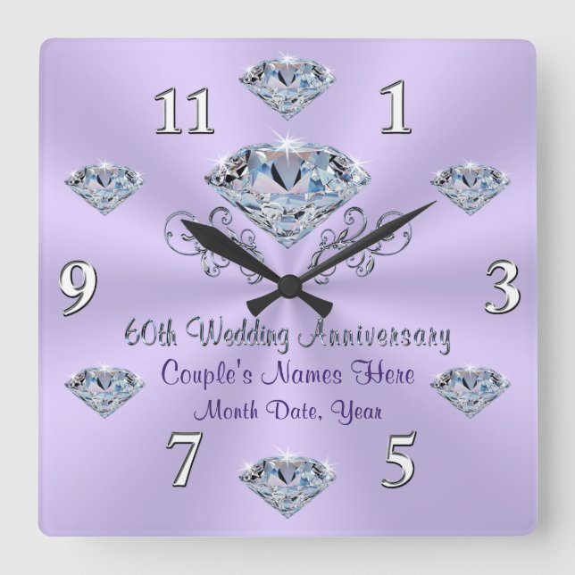 Lilac Personalisiert Diamond Jubiläumsgeschenkuhr Quadratische Wanduhr (Vorderseite)
