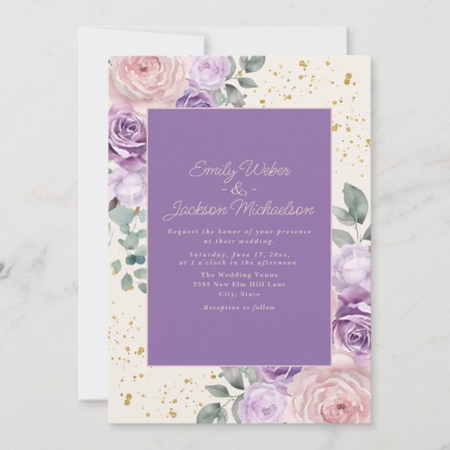 Lilac Pink Cream Floral Gold Glitzer Hochzeit Einladung (Vorderseite)
