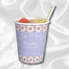 Lilac Pink Floral Girl Butterfly 1 Geburtstag Pappbecher