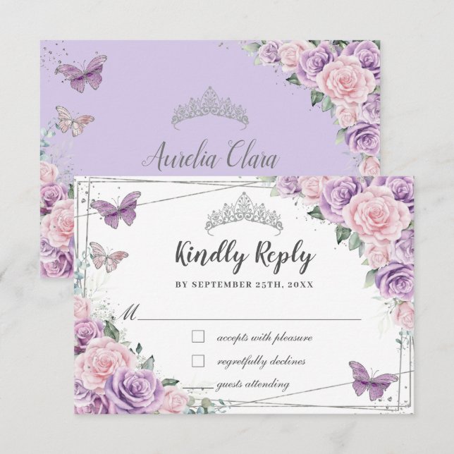 Lilac Pink Floral Rose Quinceañera Butterfliegen RSVP Karte