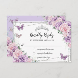 Lilac Pink Floral Rose Quinceañera Butterfliegen RSVP Karte