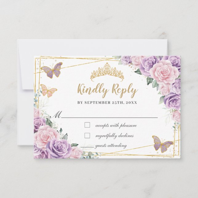 Lilac Pink Floral Rose Quinceañera Butterfliegen RSVP Karte (Vorderseite)