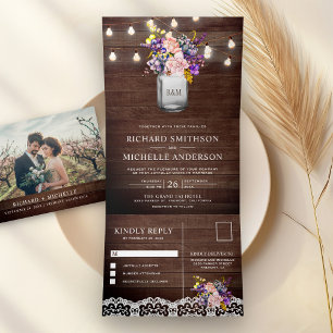 Lilac Pink Roses Mason Jar String Lights Hochzeit Dreifach Gefaltete Einladung