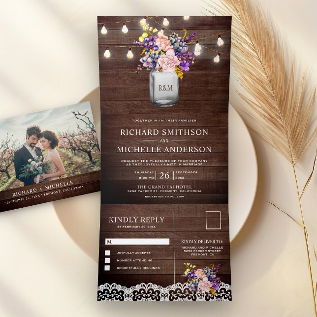 Lilac Pink Roses Mason Jar String Lights Wedding Dreifach Gefaltete Einladung (Von Creator hochgeladen)