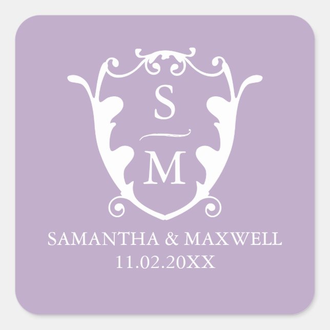 Lilac Purple Crest Monogram Wedding Stickers (Vorderseite)