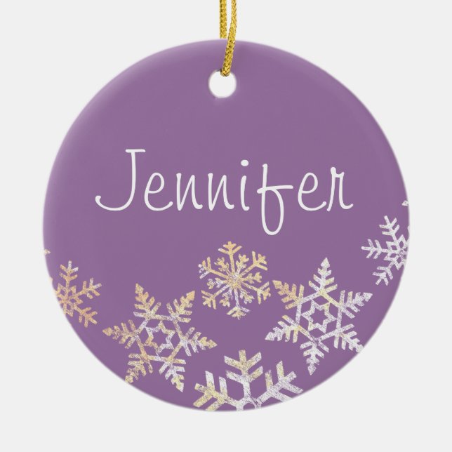 Lilac Purple Custom Name with Snowflakes Keramik Ornament (Vorne)