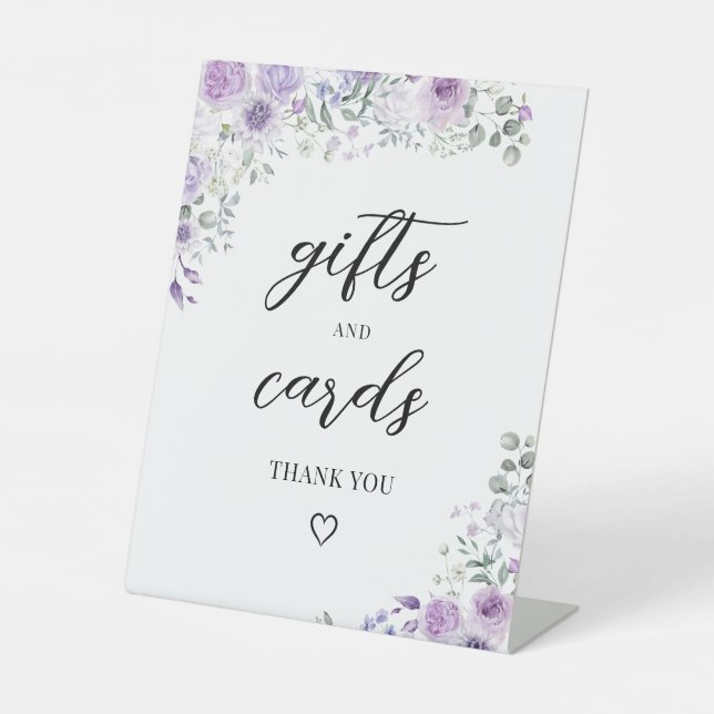Lilac Purple Floral Wedding Gifts and Cards Sign Sockelschild (Vorderseite)