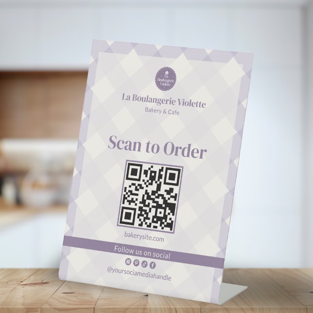 Lilac Purple Gingham Bakery QR Scan to Order  Sockelschild (Von Creator hochgeladen)