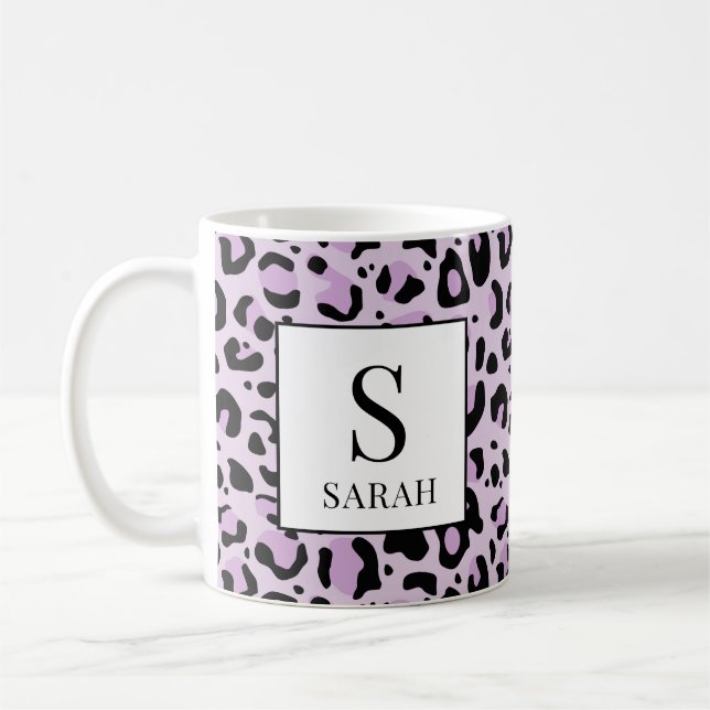Lilac Purple Leopard Print Custom Name Mug Kaffeetasse (Links)