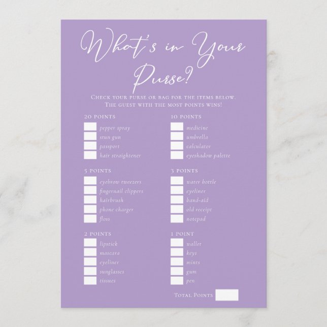 Lilac Purple Purse Items Bridal Shower Game Karte (Vorderseite)