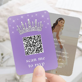 Lilac Purple QR RSVP Quinceañera Crown & Photo Begleitkarte