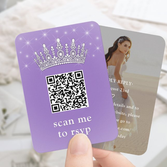Lilac Purple QR RSVP Quinceañera Crown & Photo Begleitkarte (Von Creator hochgeladen)