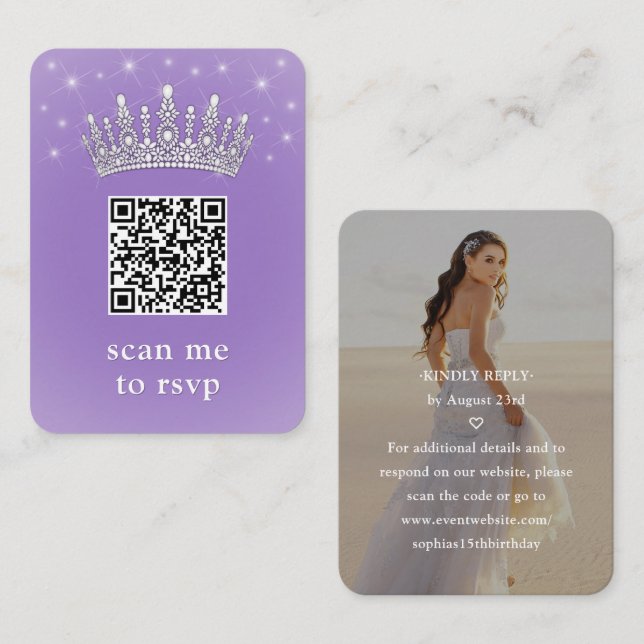 Lilac Purple QR RSVP Quinceañera Crown & Photo Begleitkarte (Vorne/Hinten)