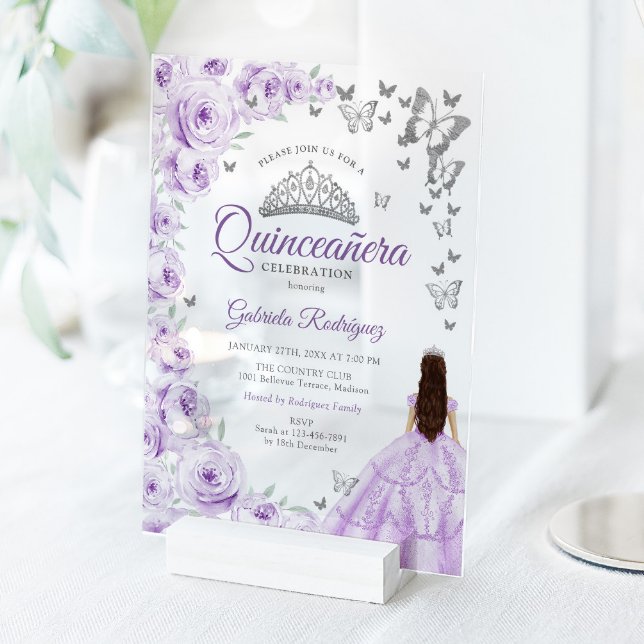 Lilac Purple Silver Floral Quinceanera Acryleinladungen (Von Creator hochgeladen)