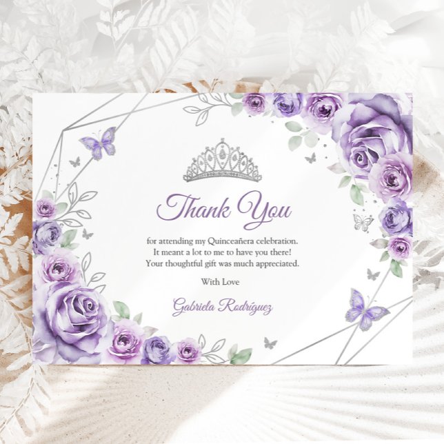 Lilac Purple Silver Floral Quinceanera Dankeskarte (Von Creator hochgeladen)