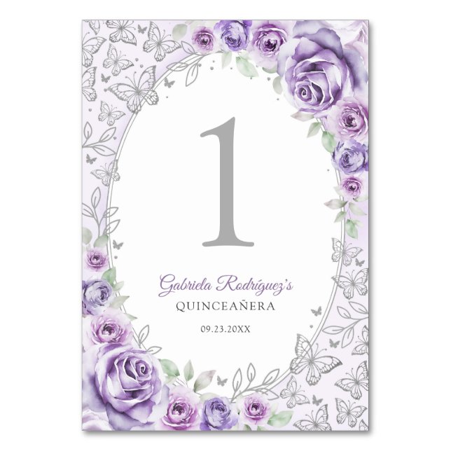 Lilac Purple Silver Floral Quinceanera Tischnummer (Vorderseite)