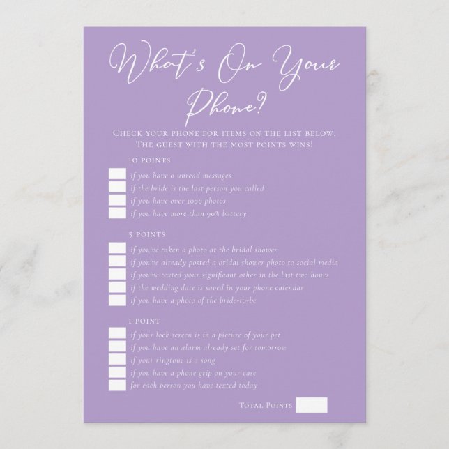 Lilac Purple What's On Your Phone Bridal Shower Karte (Vorderseite)
