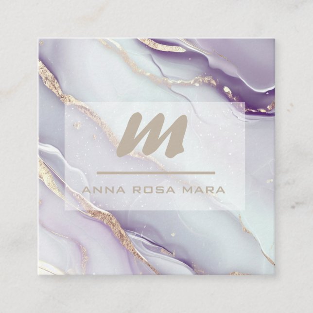 *~* Lilac QR AP66 Marble Glam Luxe Glitzer Initial Quadratische Visitenkarte (Vorderseite)