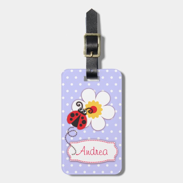 Lilac Red Ladybug & Polka Punkte mit Namen Gepäckm Gepäckanhänger (Vorderseite vertikal)