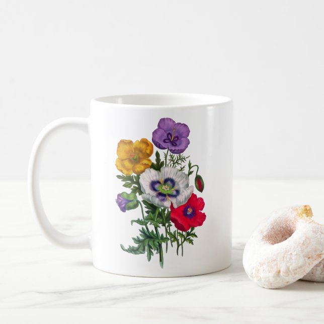 Lilac Red White Yellow Poppies & Green Blätter Kaffeetasse (Mit Donut)