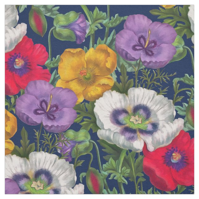Lilac Red White Yellow Poppies & Green Blätter Stoff (Muster)