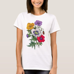 Lilac Red White Yellow Poppies & Green Blätter T-Shirt