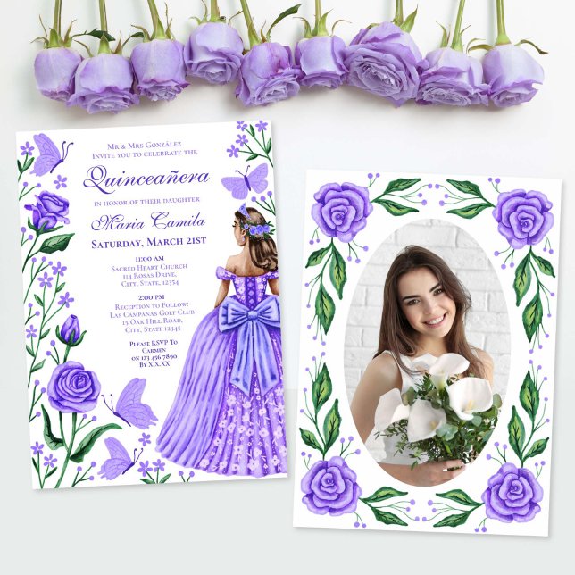 Lilac Rose Butterflies Princess Foto Quinceanera Einladung (Lilac Roses Butterflies Princess Photo Quinceanera Invitation)