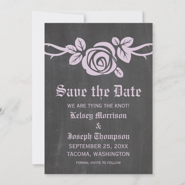 Lilac Rose Chalkboard Save the Date einladen (Vorderseite)