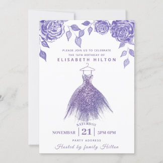Lilac Rose Modernes Glitzer Kleid 16 . Geburtstag  Einladung