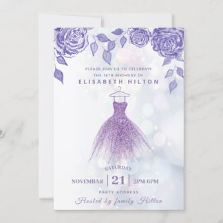 Lilac Rose Modernes Glitzer Kleid 16 . Geburtstag Einladung
