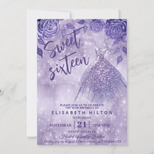 Lilac Rose Modernes Glitzer Kleid 16 . Geburtstag Einladung