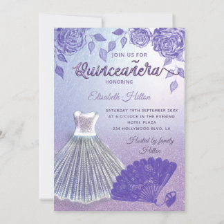 Lilac Rose Romantik Glitzer Fan Quinceañera Einladung